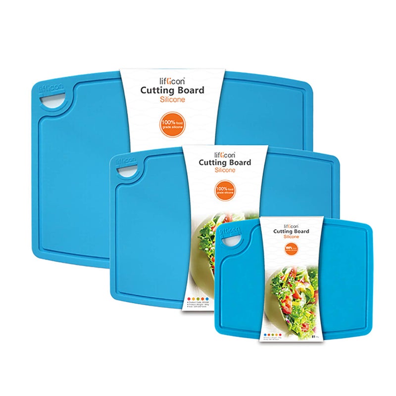 Liflicon Silicone Thick Cutting Boards Mats Set of 3pcs Foldable & Flexible Design Juice Grooves Easy Grip Handle Dishwasher Safe for Kitchen,BPA free Chif-Blue - Image 1